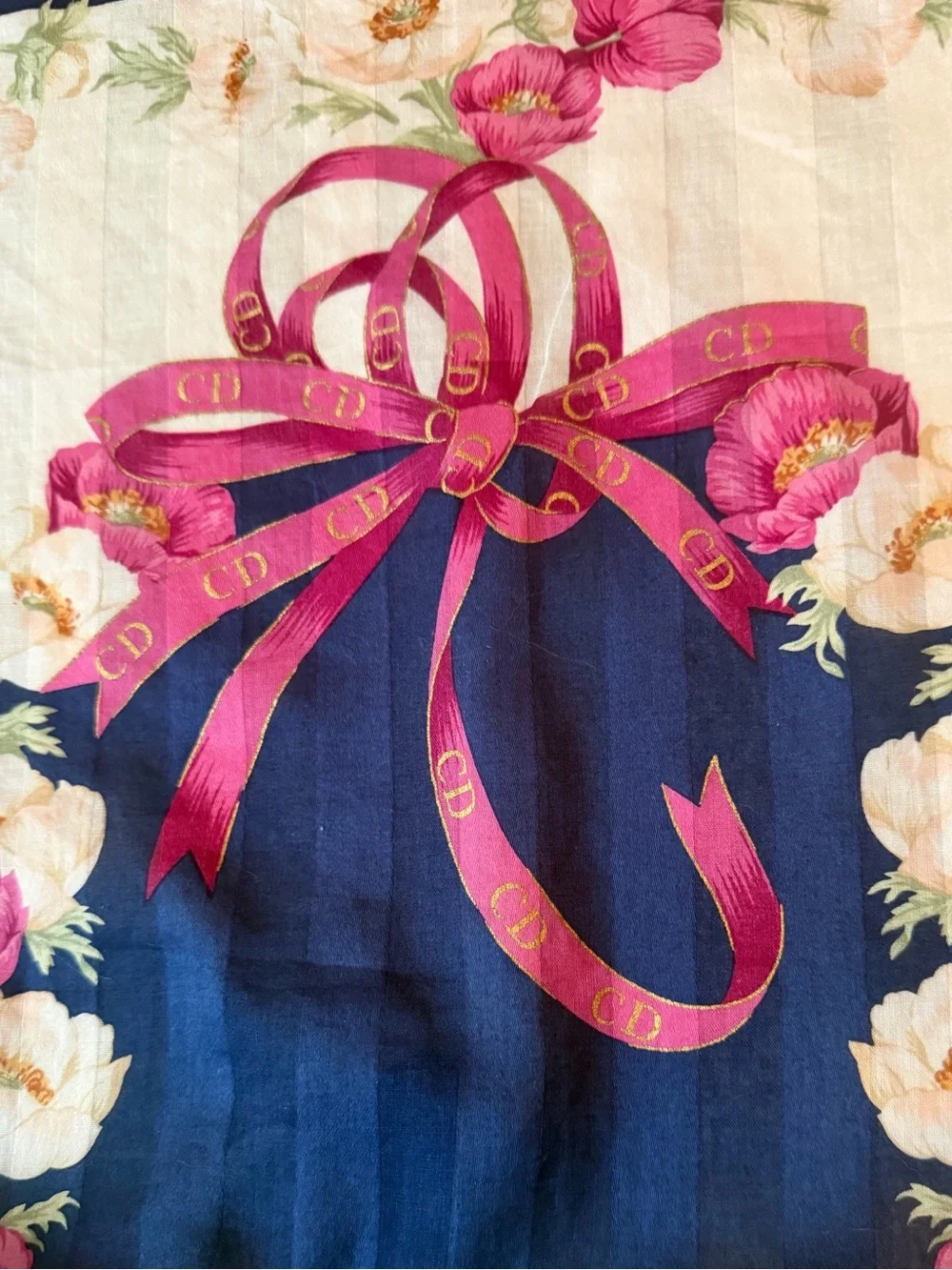 Christian Dior Scarf Blue & White stripes, Floral & Vibrant Pink CD Ribbon